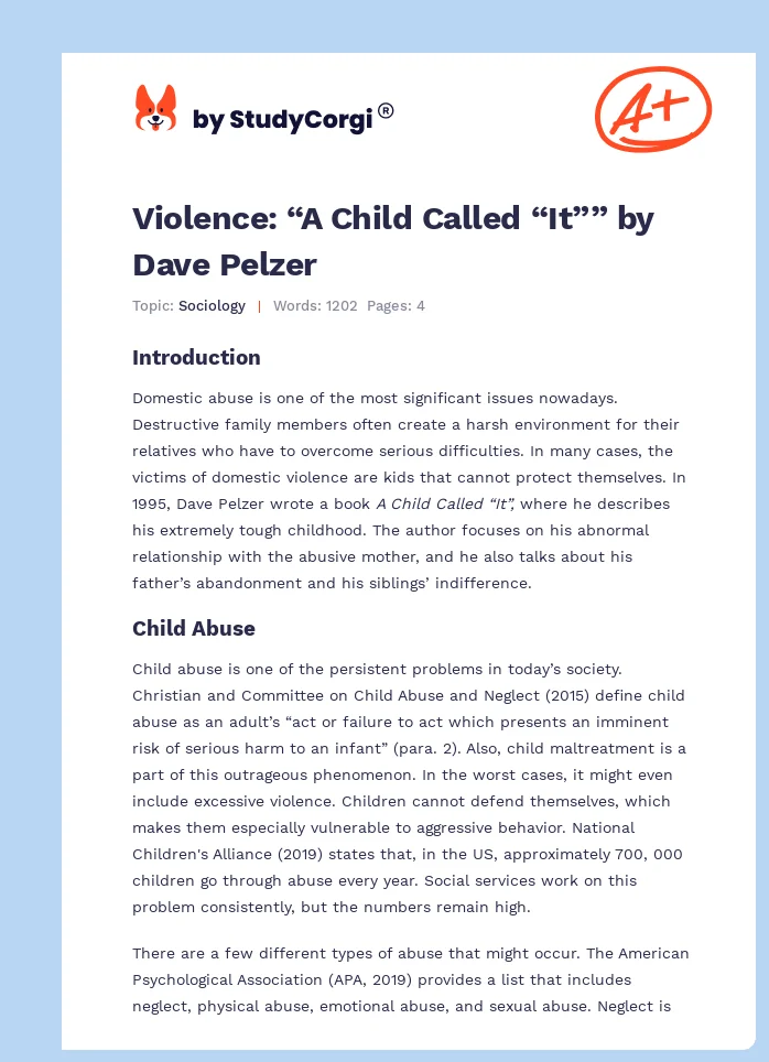 Violence: “A Child Called “It”” by Dave Pelzer. Page 1