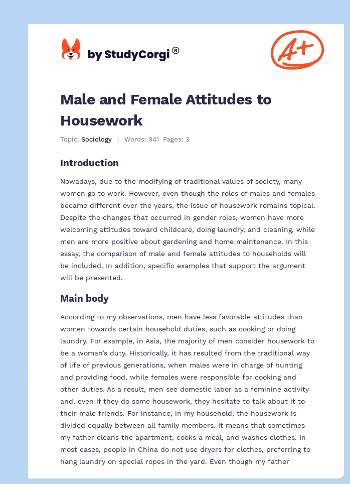 Male and Female Attitudes to Housework. Page 1
