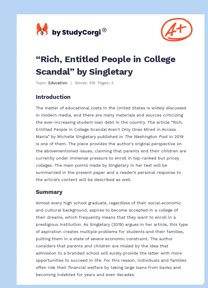 “Rich, Entitled People in College Scandal” by Singletary. Page 1