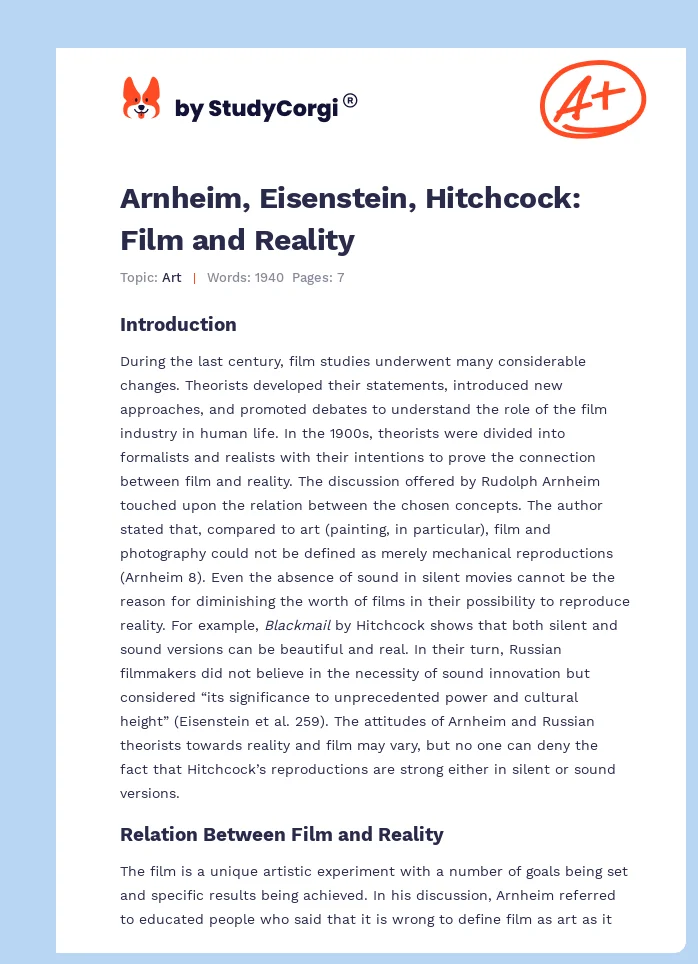 Arnheim, Eisenstein, Hitchcock: Film and Reality. Page 1
