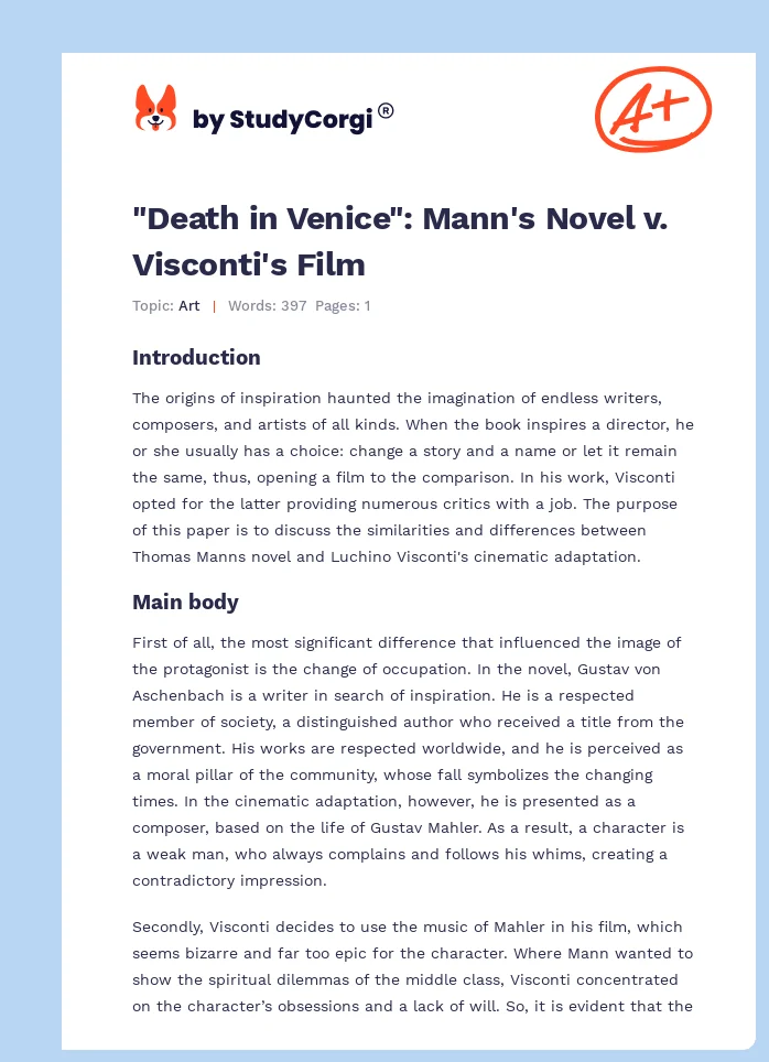 "Death in Venice": Mann's Novel v. Visconti's Film. Page 1