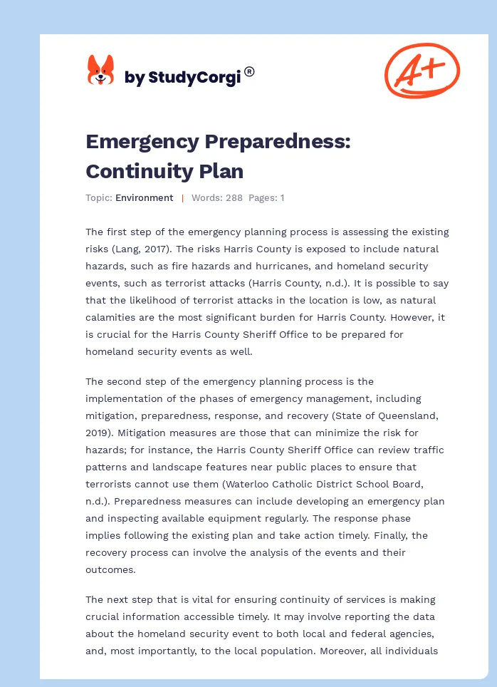 Emergency Preparedness: Continuity Plan. Page 1