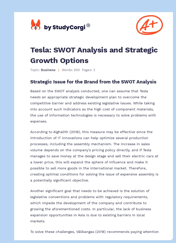 Tesla: SWOT Analysis and Strategic Growth Options. Page 1