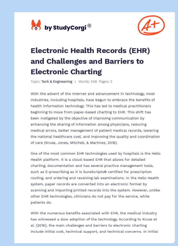 Electronic Health Records (EHR) and Challenges and Barriers to Electronic Charting. Page 1
