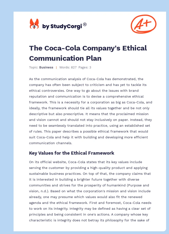 The Coca-Cola Company's Ethical Communication Plan. Page 1