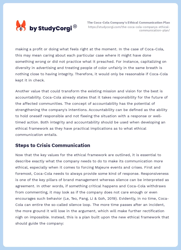 The Coca-Cola Company's Ethical Communication Plan. Page 2