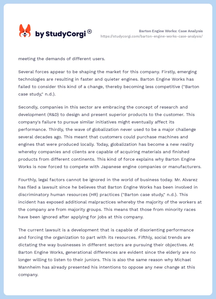 Barton Engine Works: Case Analysis. Page 2