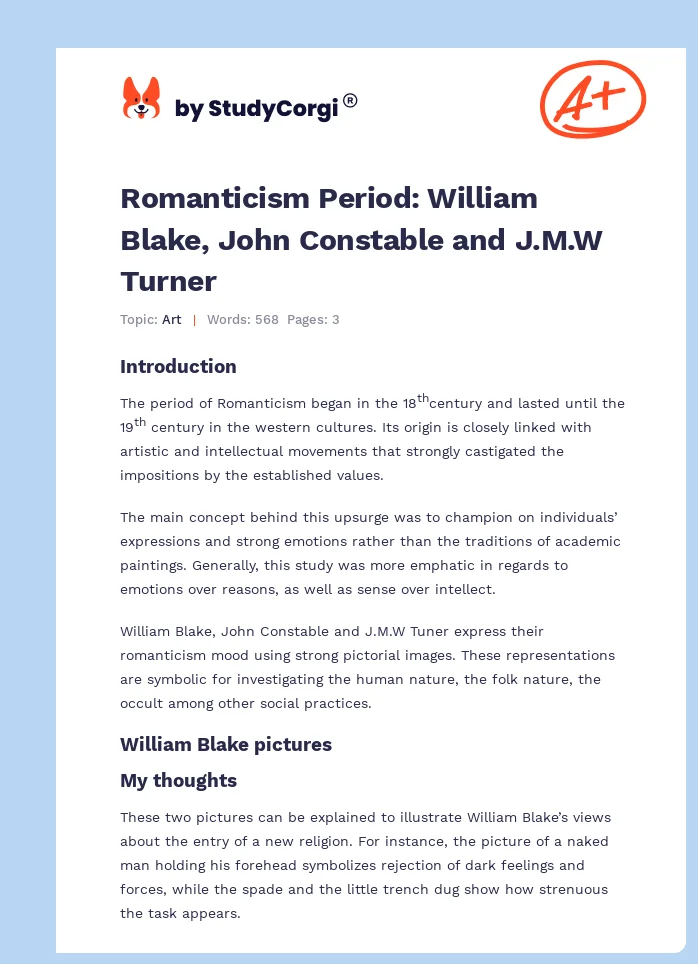 Romanticism Period: William Blake, John Constable and J.M.W Turner. Page 1