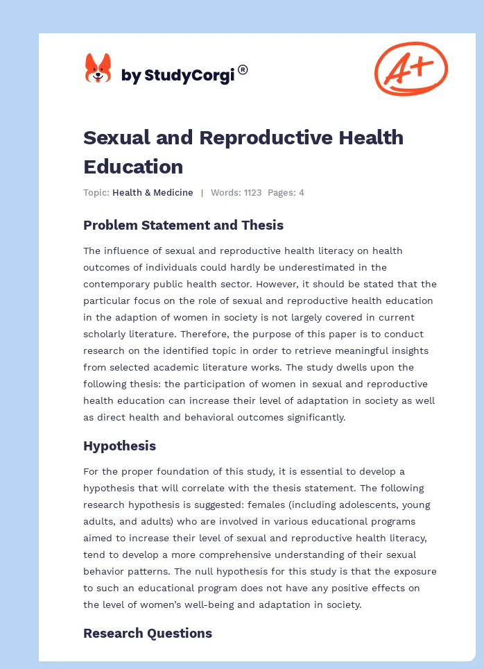 Sexual and Reproductive Health Education. Page 1