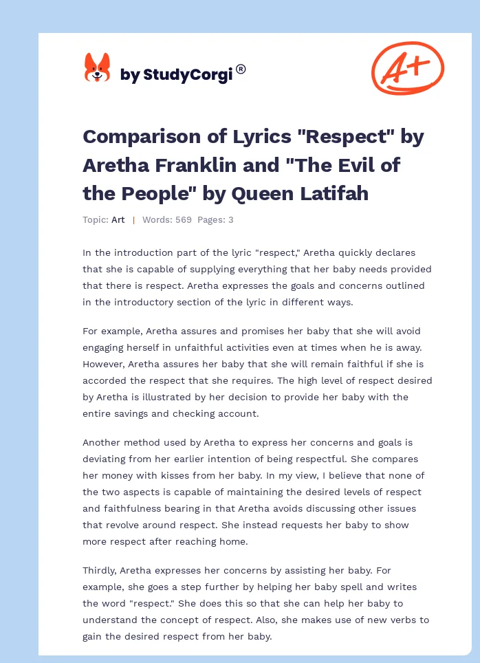 Comparison of Lyrics "Respect" by Aretha Franklin and "The Evil of the People" by Queen Latifah. Page 1