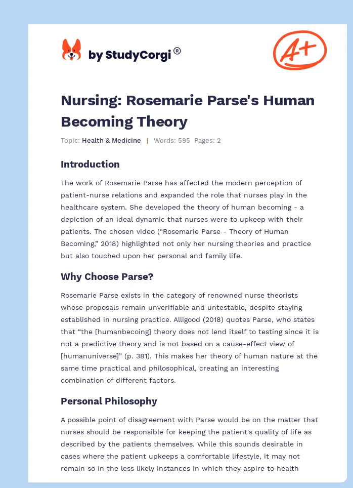 Nursing: Rosemarie Parse's Human Becoming Theory. Page 1
