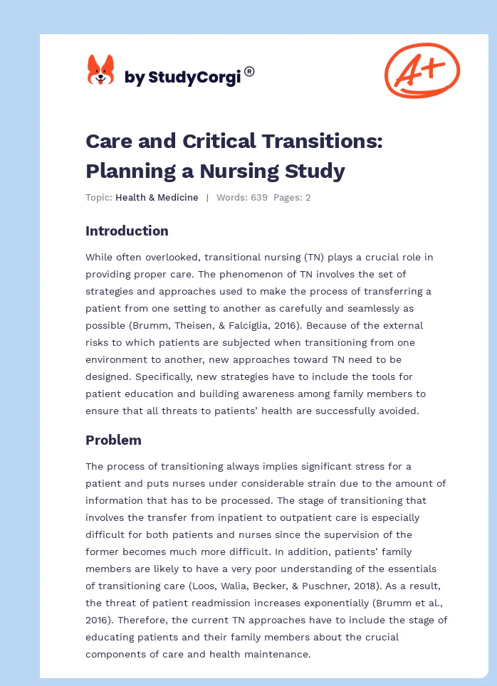 Care and Critical Transitions: Planning a Nursing Study. Page 1