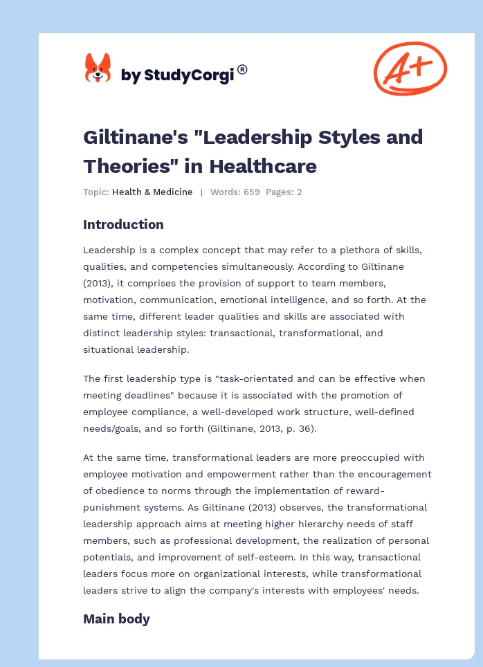 Giltinane's "Leadership Styles and Theories" in Healthcare. Page 1