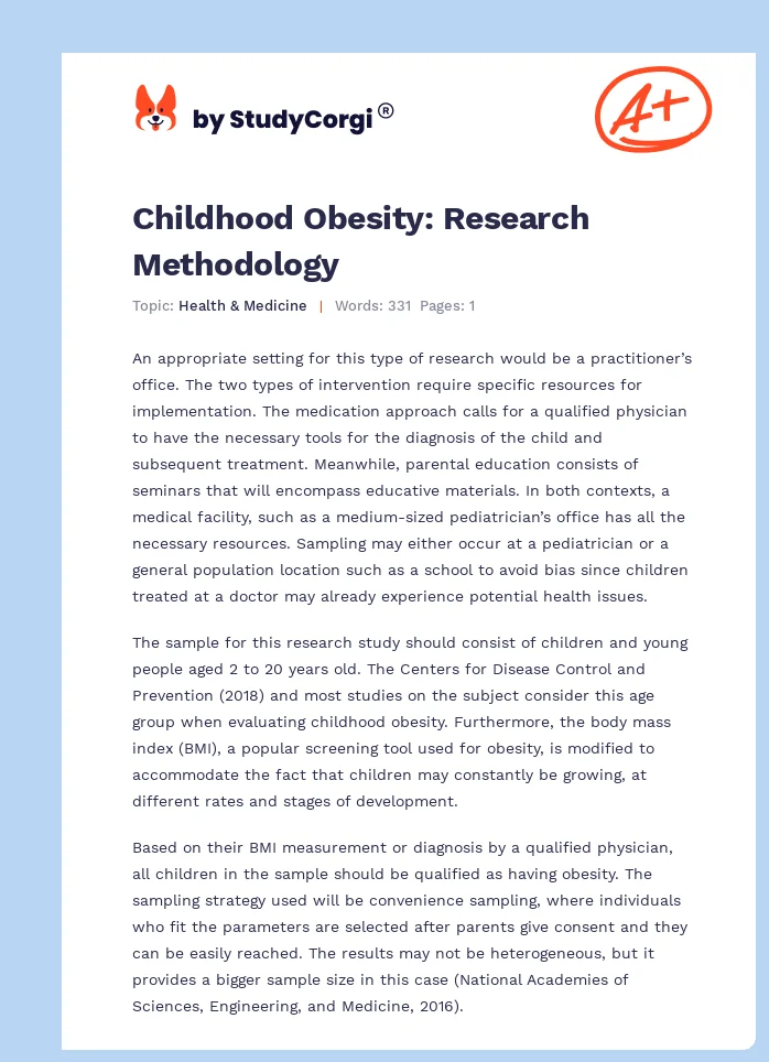 Childhood Obesity: Research Methodology. Page 1