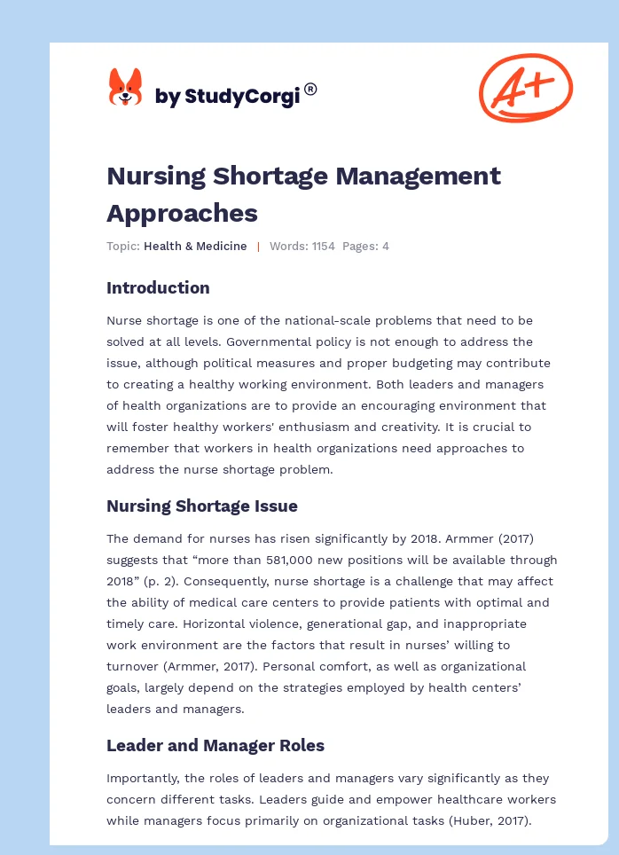 Nursing Shortage Management Approaches. Page 1