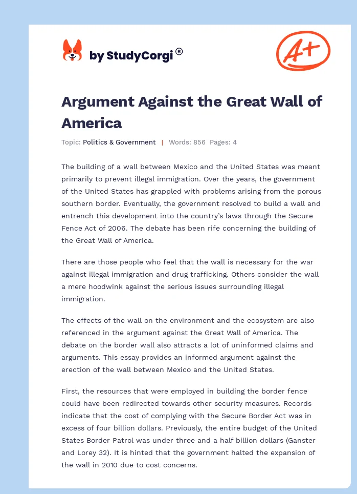 Argument Against the Great Wall of America. Page 1