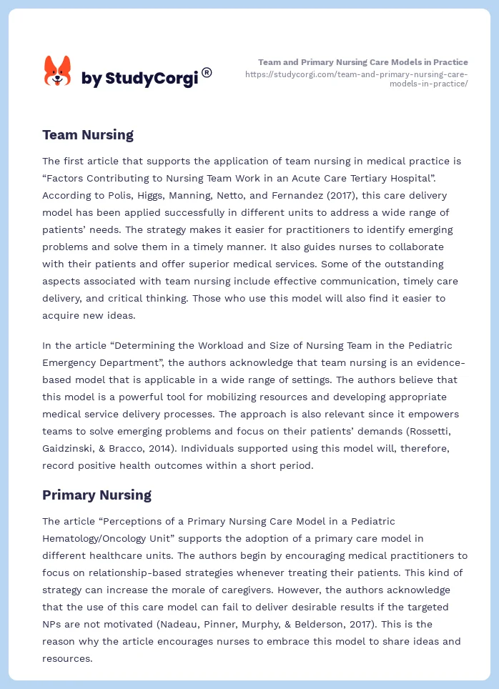 Team and Primary Nursing Care Models in Practice. Page 2