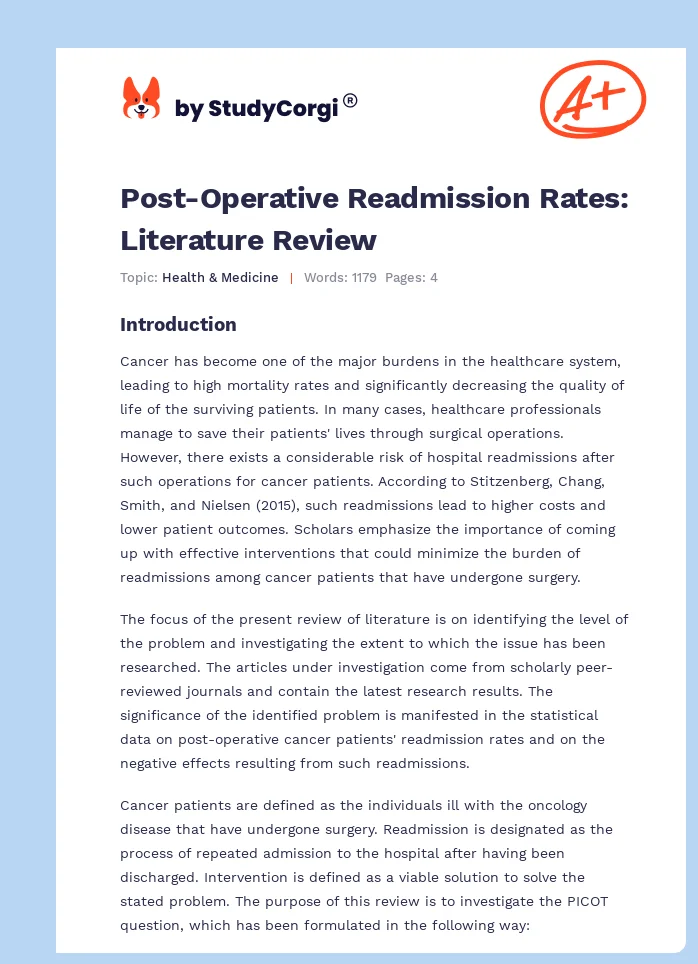 Post-Operative Readmission Rates: Literature Review. Page 1