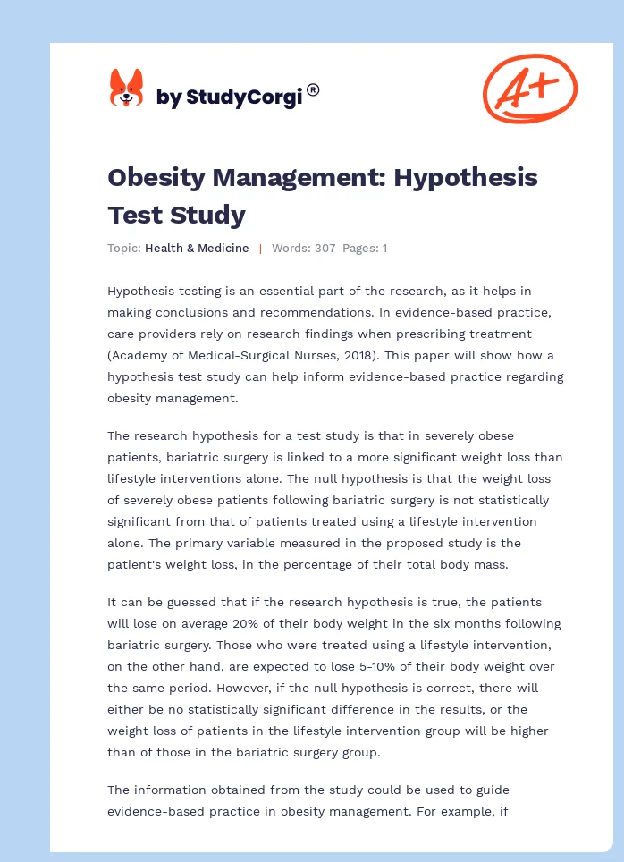 Obesity Management: Hypothesis Test Study. Page 1