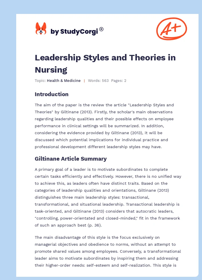 Leadership Styles and Theories in Nursing. Page 1