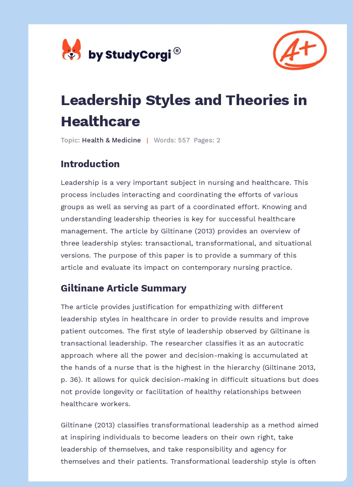 Leadership Styles and Theories in Healthcare. Page 1