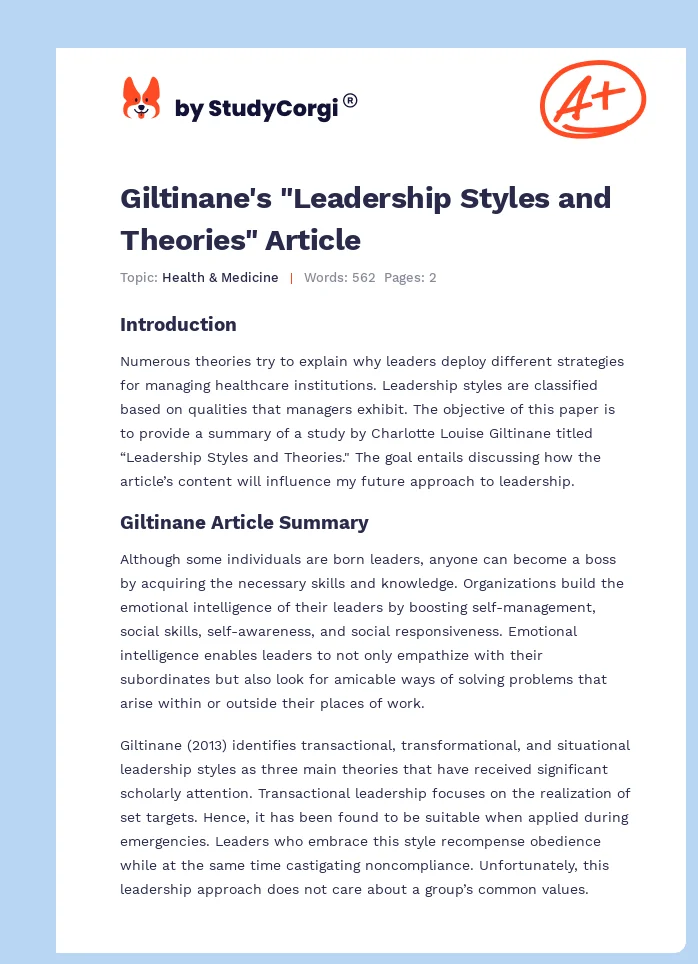 Giltinane's "Leadership Styles and Theories" Article. Page 1