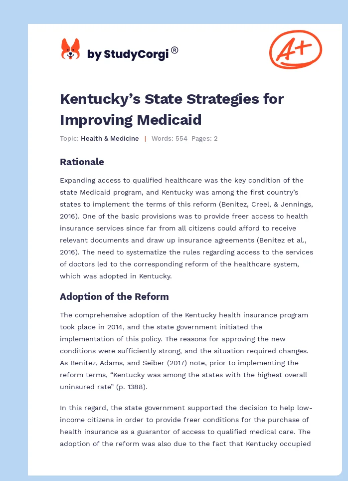 Kentucky’s State Strategies for Improving Medicaid. Page 1