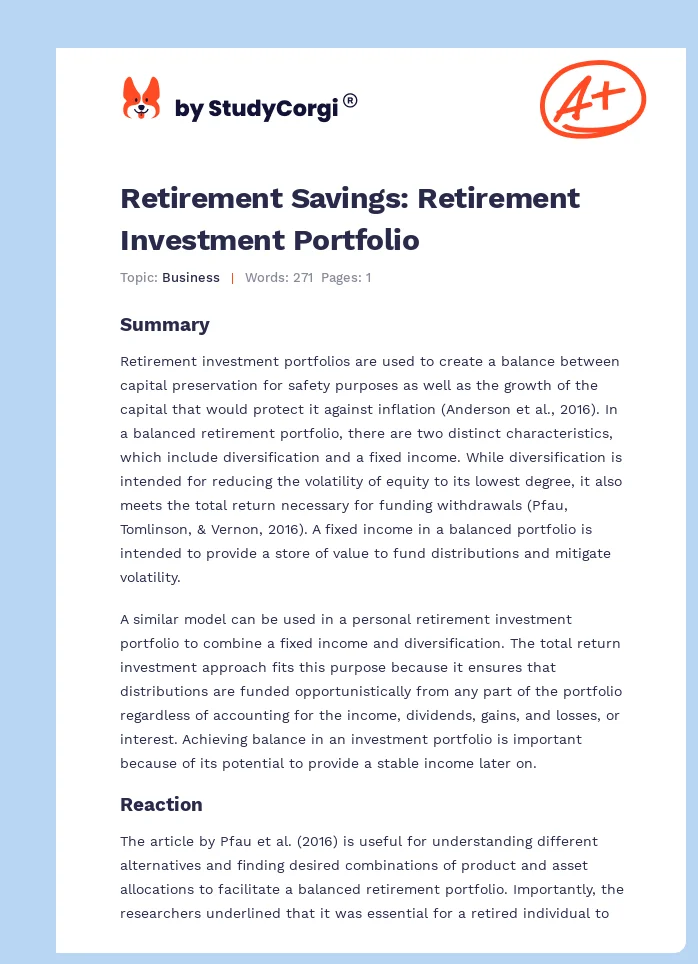 Retirement Savings: Retirement Investment Portfolio. Page 1