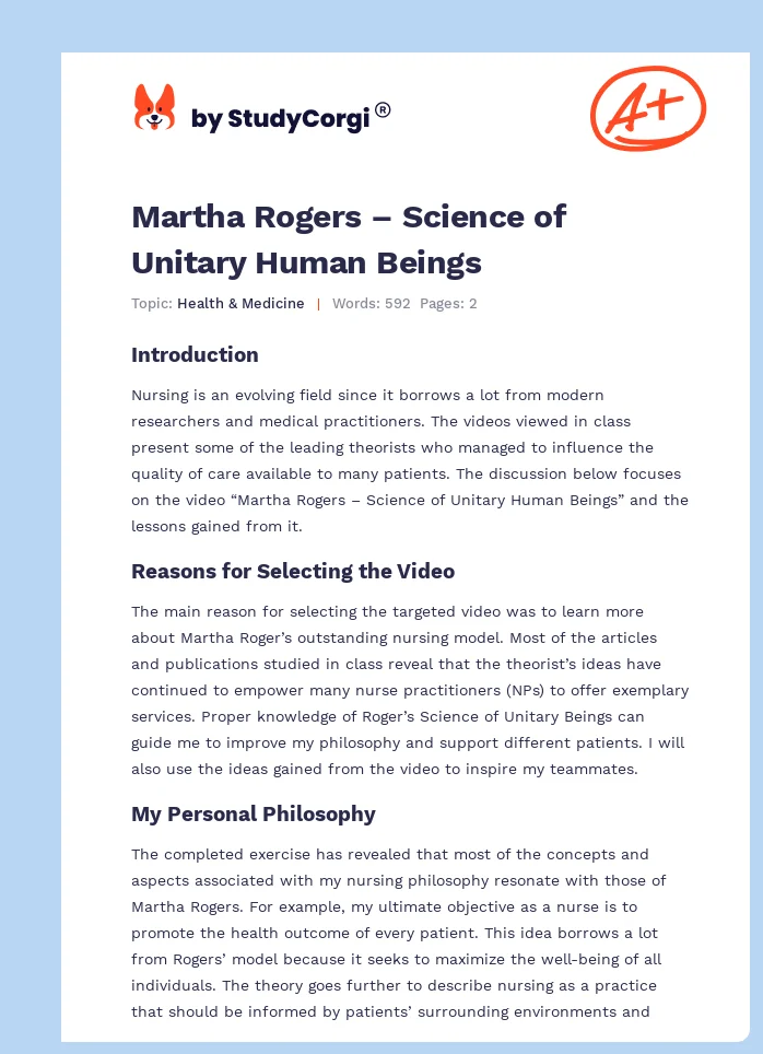 Martha Rogers – Science of Unitary Human Beings. Page 1
