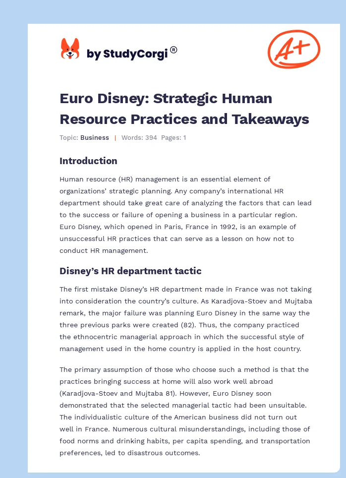 Euro Disney: Strategic Human Resource Practices and Takeaways. Page 1