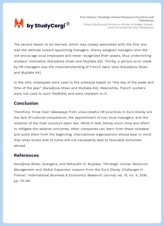 Euro Disney: Strategic Human Resource Practices and Takeaways. Page 2