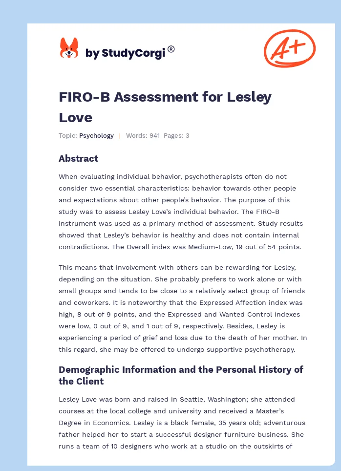 FIRO-B Assessment for Lesley Love. Page 1