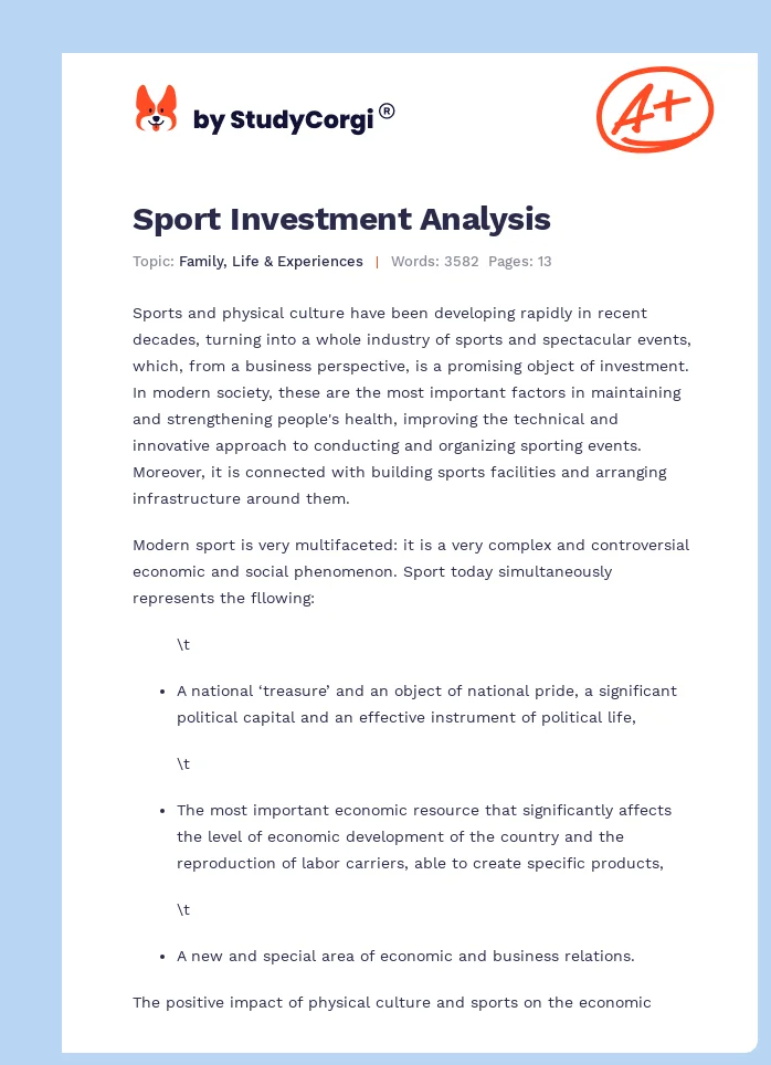 Sport Investment Analysis. Page 1