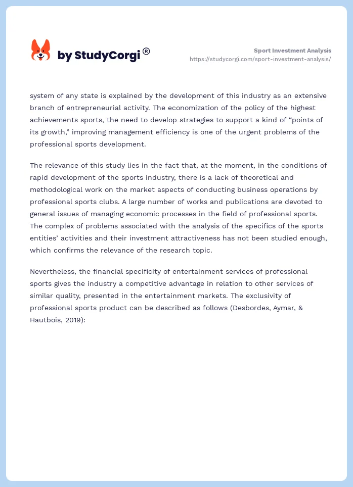 Sport Investment Analysis. Page 2