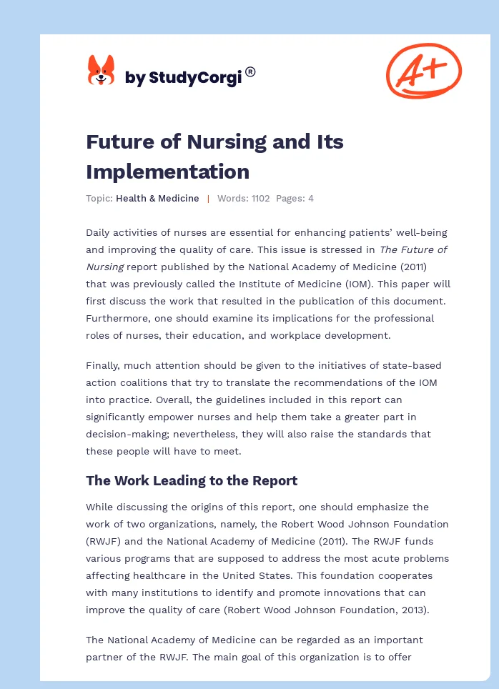 Future of Nursing and Its Implementation. Page 1