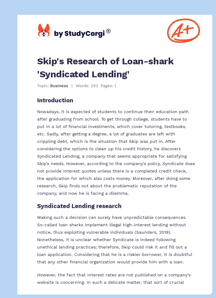 Skip's Research of Loan-shark 'Syndicated Lending'. Page 1