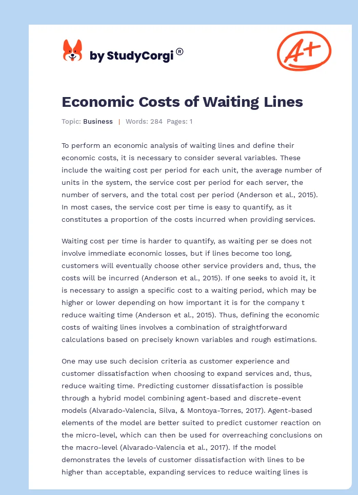 Economic Costs of Waiting Lines. Page 1