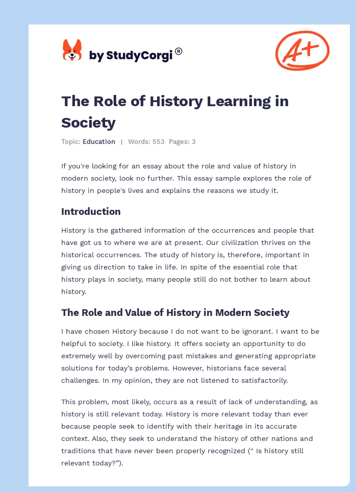 The Role of History Learning in Society. Page 1