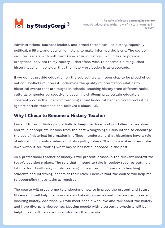 The Role of History Learning in Society. Page 2