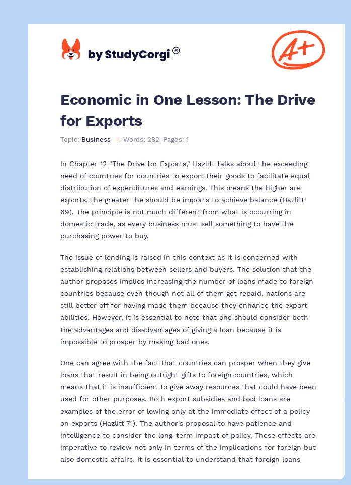 Economic in One Lesson: The Drive for Exports. Page 1