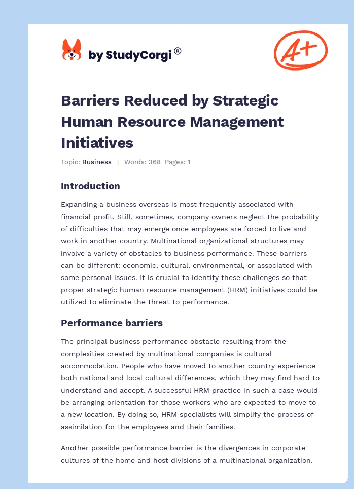 Barriers Reduced by Strategic Human Resource Management Initiatives. Page 1