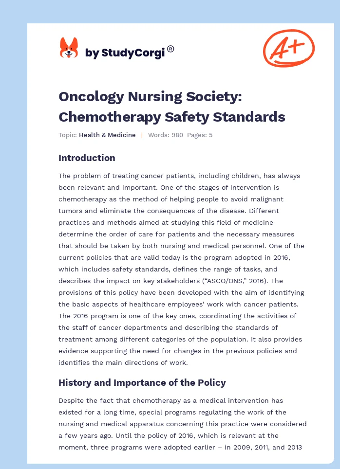 Oncology Nursing Society: Chemotherapy Safety Standards. Page 1