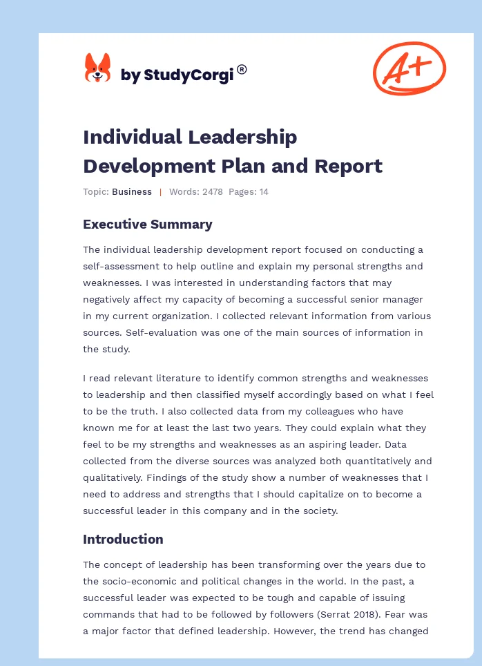 Individual Leadership Development Plan and Report. Page 1