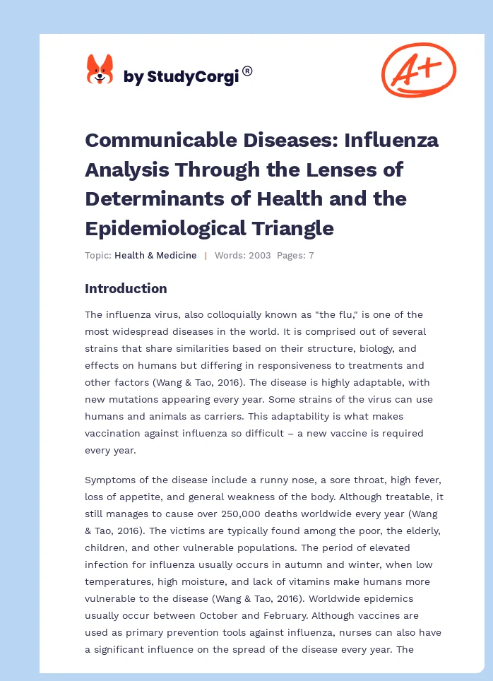 Communicable Diseases: Influenza Analysis Through the Lenses of Determinants of Health and the Epidemiological Triangle. Page 1