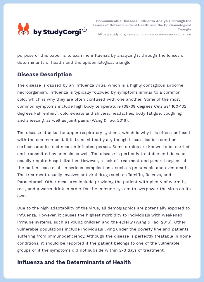 Communicable Diseases: Influenza Analysis Through the Lenses of Determinants of Health and the Epidemiological Triangle. Page 2
