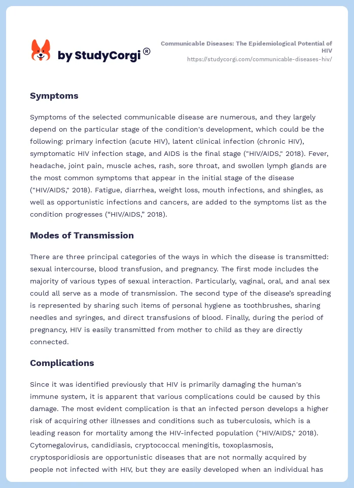 Communicable Diseases: The Epidemiological Potential of HIV. Page 2