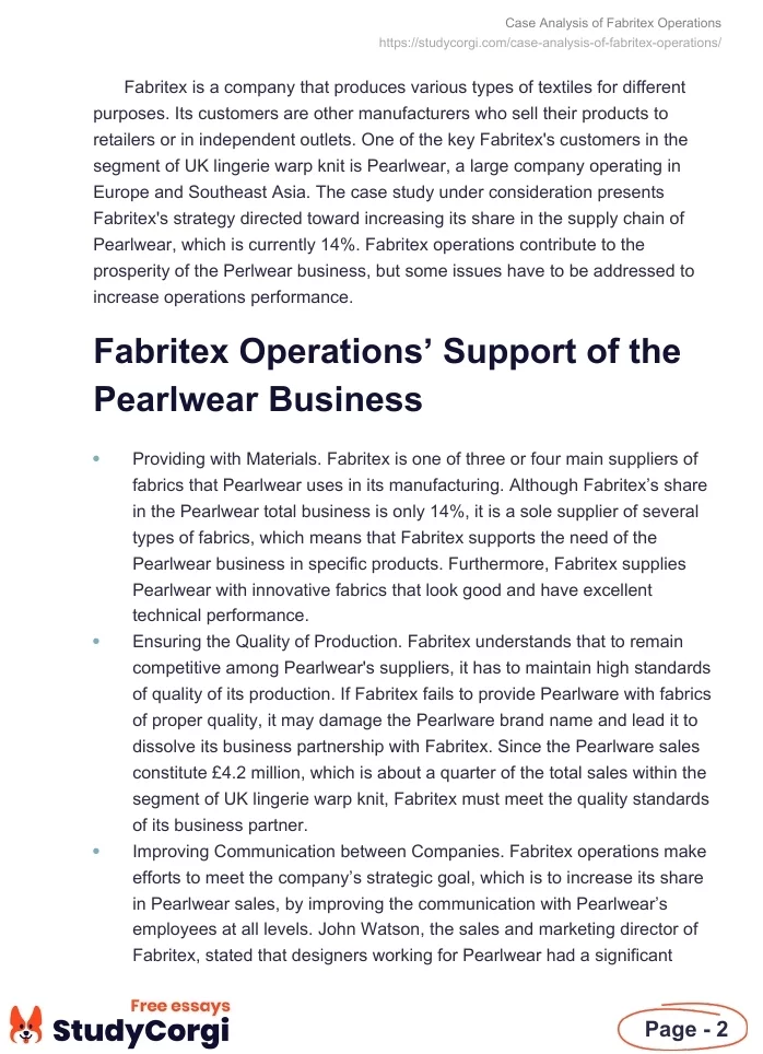 Case Analysis of Fabritex Operations. Page 2