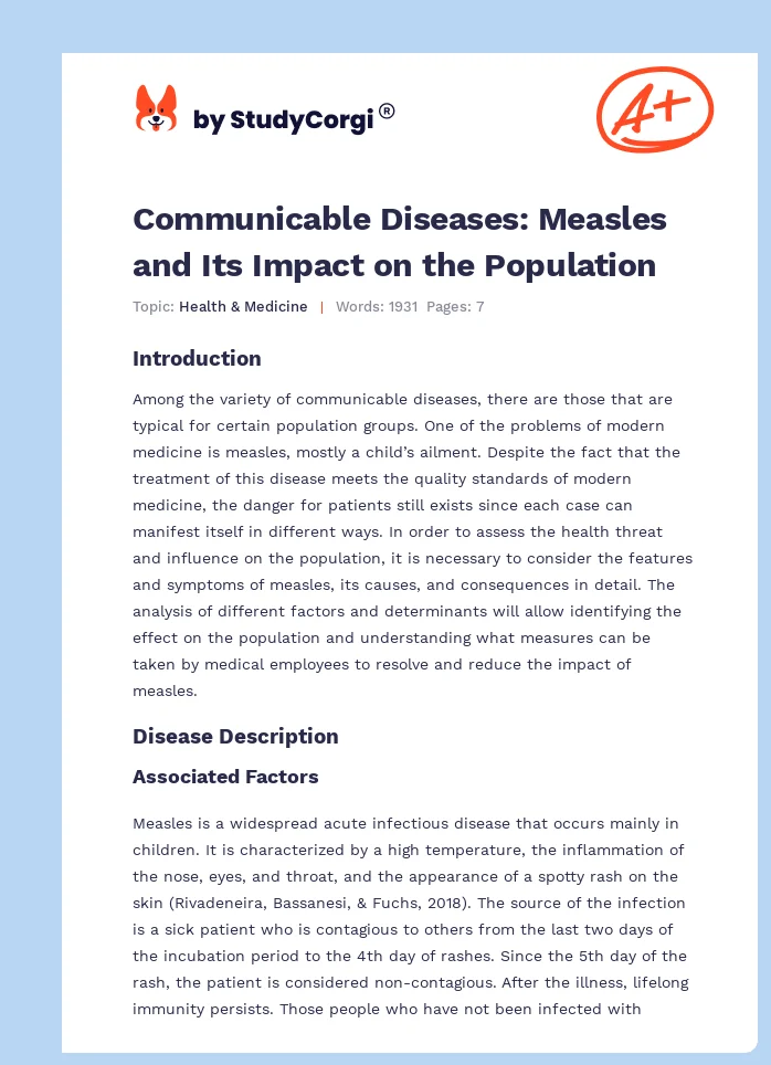 Communicable Diseases: Measles and Its Impact on the Population. Page 1