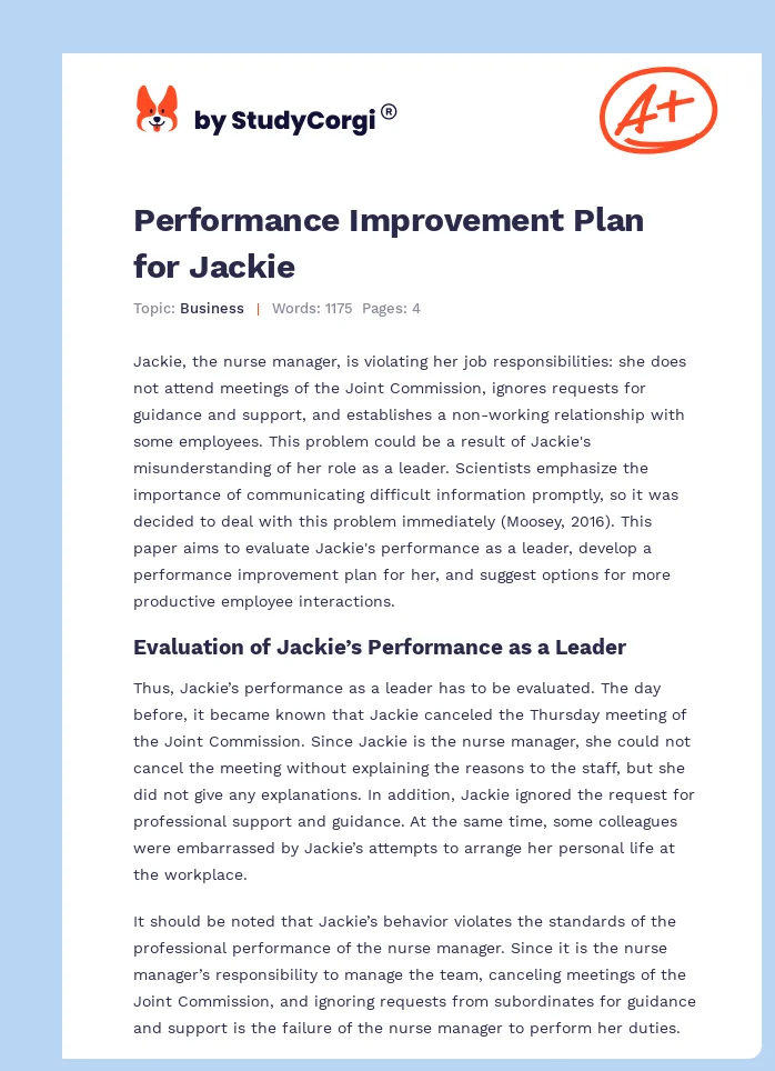 Performance Improvement Plan for Jackie. Page 1