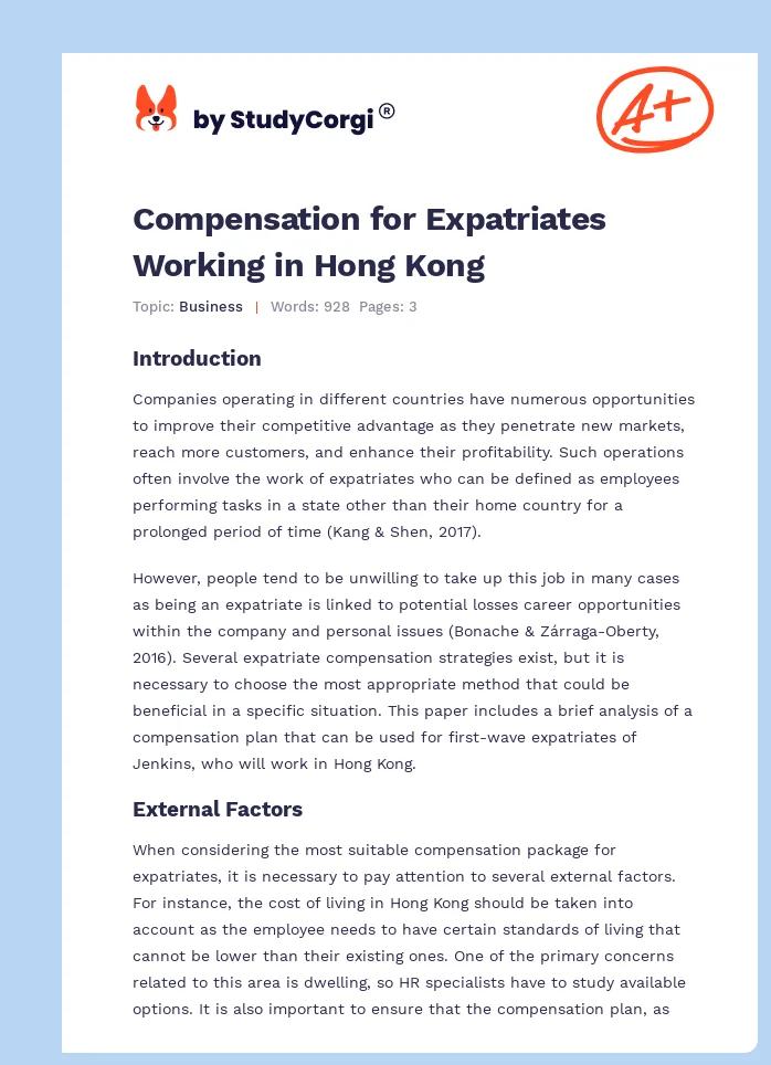 Compensation for Expatriates Working in Hong Kong. Page 1
